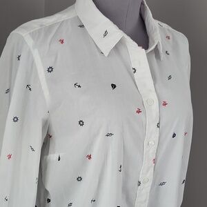 Tommy Hilfiger Nautical Print Relaxed Fit Button Down Shirt - White - L